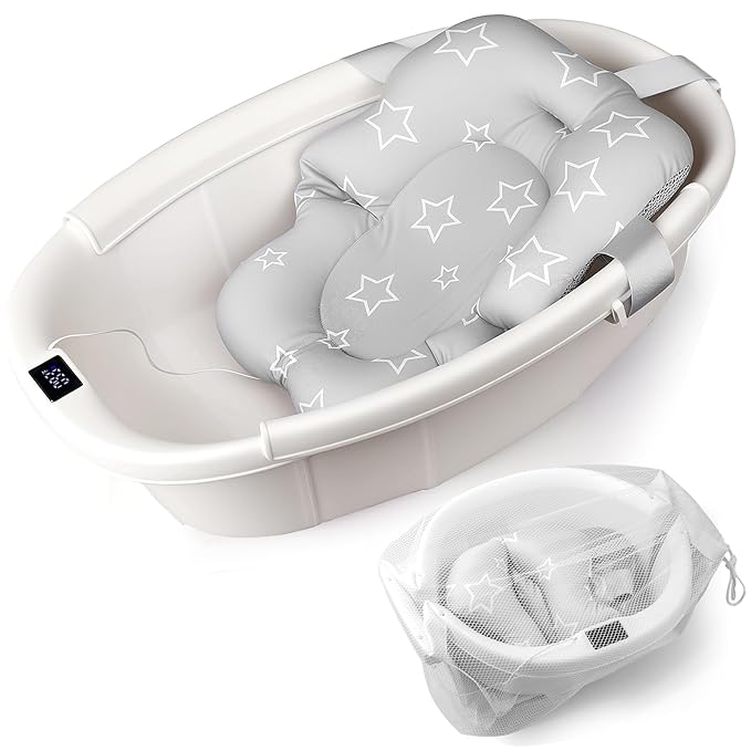 Baby Bathtub, Baby Bath Tub with Thermometer & Soft Cushion, Collapsible Infant Bathtub for Newborn to Toddler 0-36 Months, Quick Use & Portable for Travel(White)
