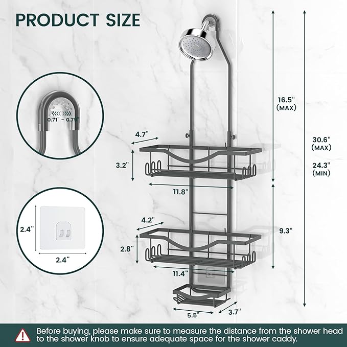 REINHARDT Shower Caddy Hanging Adjustable, Extended Length Rustproof Shower Caddy Over Shower Head with Hooks Soap Holder, Large Capacity Shower Organizer Anti-Swing Bathroom Organizer, Grey