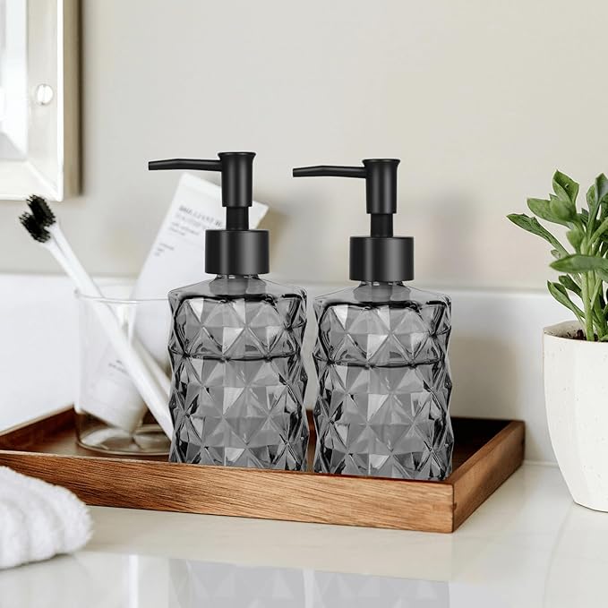 11oz Glass Soap Dispenser with Plastic Pump, Clear Black Bathroom Soap Dispenser for Hand Wash & Dish Wash, Elegant Dispenser for Dishwashing Liquid, Lotion, Shower Gel, Essential Oil