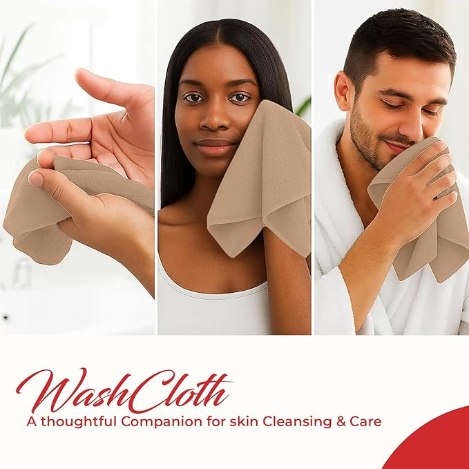 RIVERSIDE 12 Pack Washcloths - 12x12 Inches, 400 GSM, 100% Ring-Spun Cotton - Soft, Absorbent & Durable Face and Body Towels - for Bathroom, Spa, Gym, Makeup Removal & Everyday Use - Tan