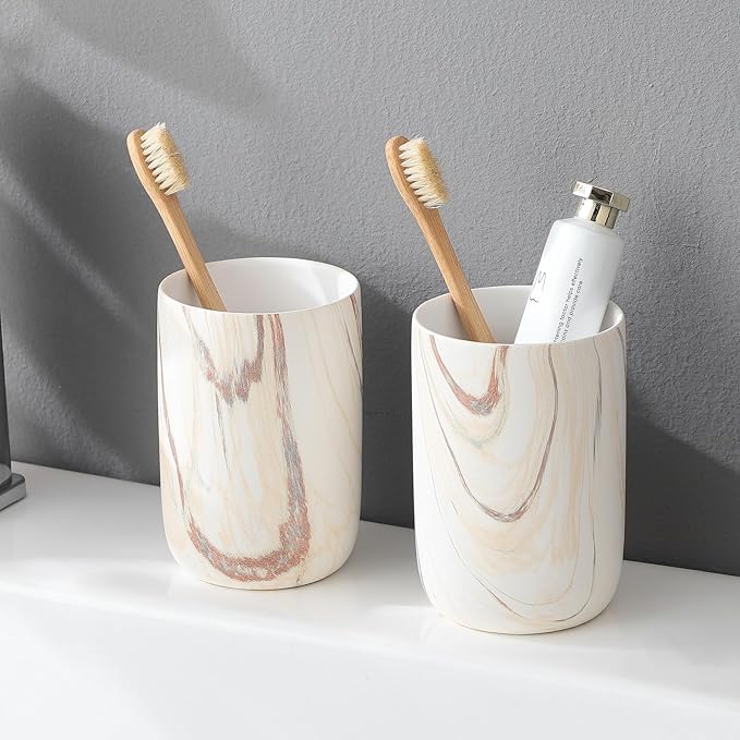 Brown Marble Toothbrush Holders - Ceramic Toothbrush Holders for Bathrooms, Toothbrush Toothpaste Holders, 2 Marble Bathroom Tumbler Cups Reusable Toothbrush Mouthwash Cup, Bathroom Counter Organizer