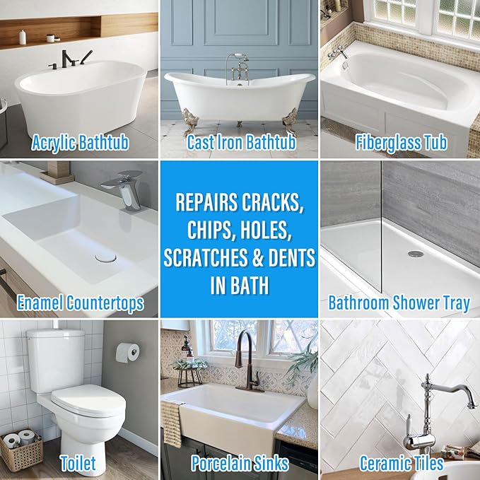 Tub Repair Kit White, Tub Chip and Bathtub Repair Kit for Enamel, Fiberglass, Acrylic, Porcelain, Patch and Repairs Chips, Crack, Scratches, Rust, Holes on Tubs, Toilet, Sink, Shower, Tray in Bathroom