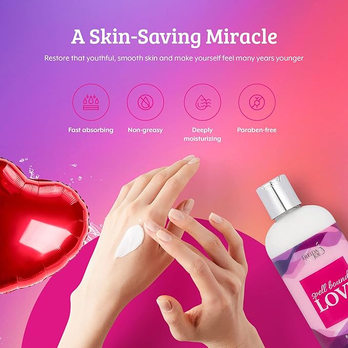 Home Spa Gift 10oz Deep Moisturizing Fragrance Body Lotion & 8 oz. Fine Fragrance Body Mist Set Luxury Self-Care Combo for Women and Girls (Spell Bound Love)