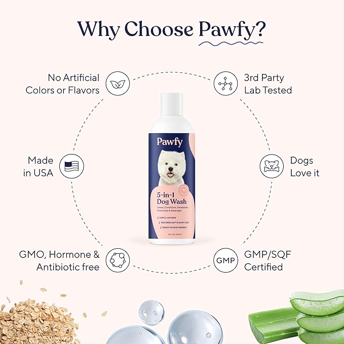 Pawfy Dog Shampoo and Conditioner for Itchy Skin Relief | Puppy Shampoo for Sensitive Skin | Natural 5 in 1 Pet Shampoo with Coconut, Oatmeal & Aloe Vera| Ideal Dog Wash for Smelly Dogs