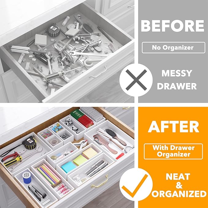 SpaceAid 14-Piece Bamboo Drawer Organizer Storage Boxes Set, Wood Tray Junk Drawer Organizers Multi-Use Divider Bins for Kitchen, Bathroom, Office Desk and Makeup Organization (14 Pack, White)