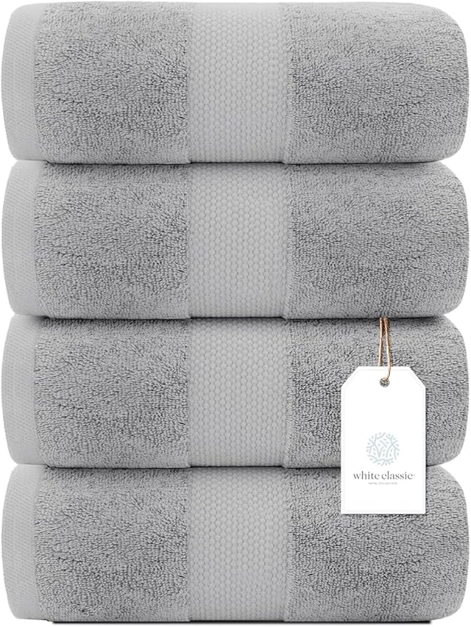 White Classic Luxury Bath Towels Set of 4 Large - 700 GSM Cotton Ultra Soft Bath Towels 27x54 | Highly Absorbent and Quick Dry | Hotel Towels for Bathroom Luxury, Plush Shower Towels, Dolphin Gray