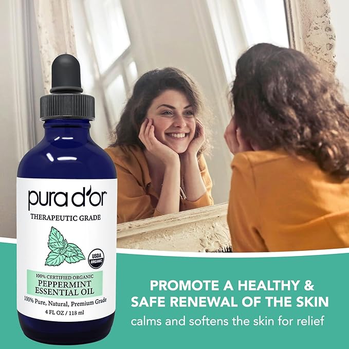 PURA D'OR Organic Peppermint Essential Oil (4oz with Glass Dropper) 100% Pure & Natural Therapeutic Grade - Hair, Body, Skin, Aromatherapy Diffuser, Massage, Refreshens, Energy, Mood, Home, DIY Soap