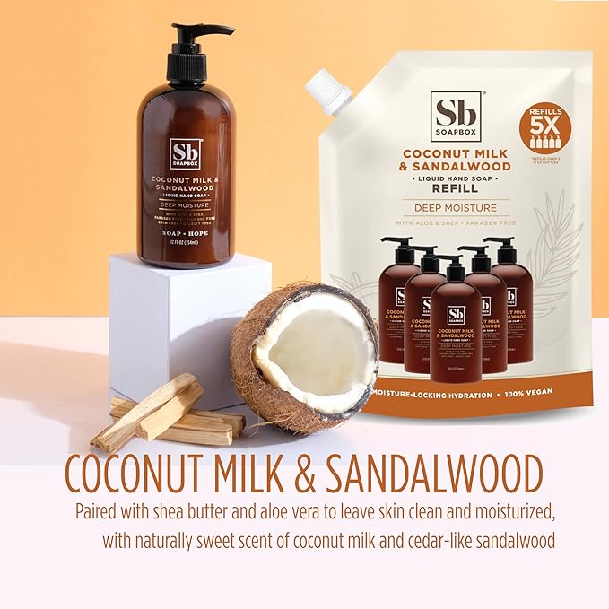 Soapbox Liquid Hand Soap Refill, Coconut Milk & Sandalwood, Vegan, Paraben Free, Moisturizing, Natural Hand Wash for Kitchen and Bathroom, 64oz Half Gallon Refill (Pack of 1)