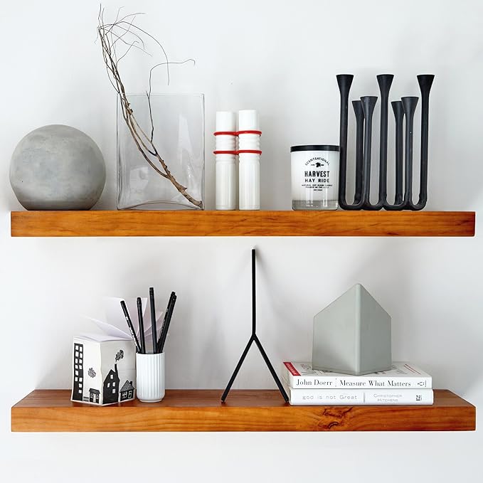 Homeforia Oak Floating Shelves 30 inch Long, High End Solid Real Wood 30inch Floating Shelf for Wall Mounted, Honey Oak Wooden 30in Floating Shelves, Heavy Duty Bracket, 30 X 6.5 X 1.75 in, Set of 2