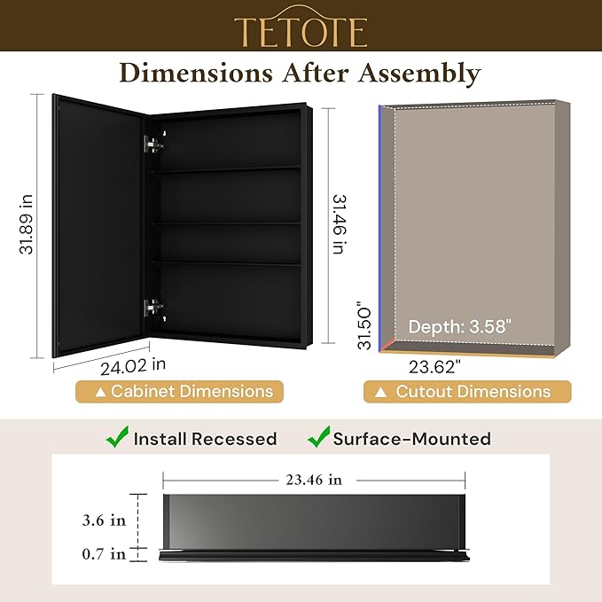TETOTE 24 x 32 Medicine Cabinet with Mirror with Tempered Beveled Mirror Black Medicine Cabinet Aluminum Cabinet DTC Hinges, Stepless Adjustable Shelves, Recessed/Surface-Mounted