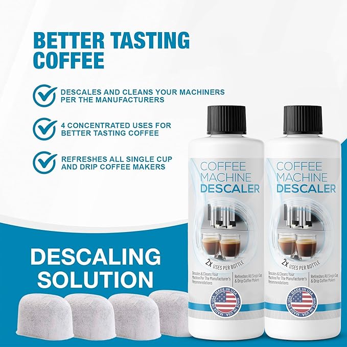 Keurig Compatible Descaling Solution - Descaler Cleaner Concentrate Kit For All 1.0 & 2.0 K-Cup Pod Machines and Espresso Machines - (2 Bottles, 4 Uses Plus 4 Filters)