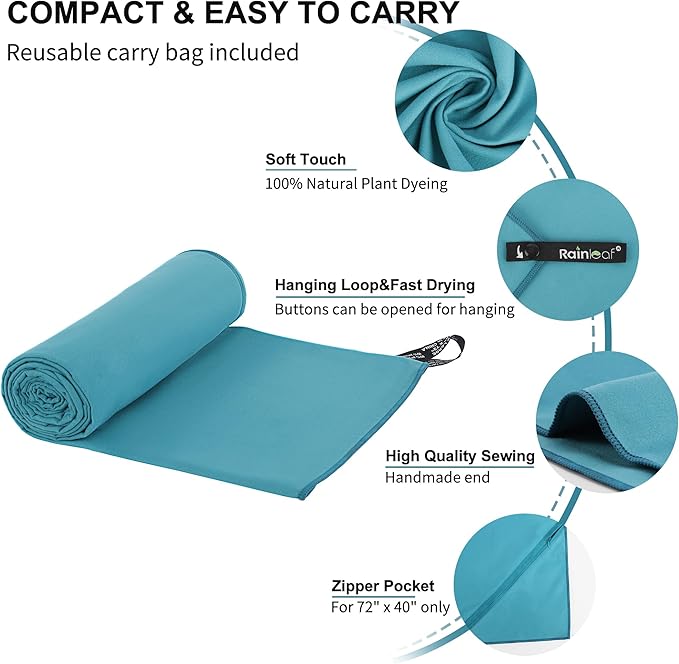 Rainleaf Microfiber Towel Perfect Travel & Gym & Camping Towel. Quick Dry - Super Absorbent - Ultra Compact - Lightweight. Suitable for Trip, Beach, Shower, Backpacking, Pool