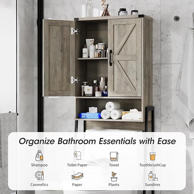 Vabches Over The Toilet Storage Cabinet with 2-Door Design Bathroom Organizers and Storage with Anti-Tip Device Over Toilet Organizer with Shelves for Bathroom,Restroom,Laundry Grey