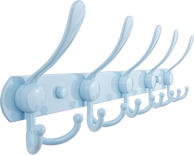 Dseap Coat Rack Wall Mounted - 5 Tri Hooks, Heavy Duty, Stainless Steel, Metal Coat Hook Rail for Coat Hat Towel Purse Robes Mudroom Bathroom Entryway, Blue