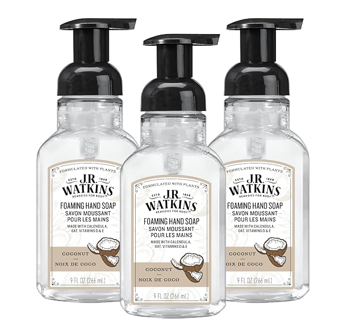 J.R. Watkins Foaming Hand Soap Pump with Dispenser, Moisturizing Hand Soap Foam, Alcohol-Free and Cruelty-Free, Use for Kitchen or Bathroom, Coconut, 9 fl oz, 3 Pack