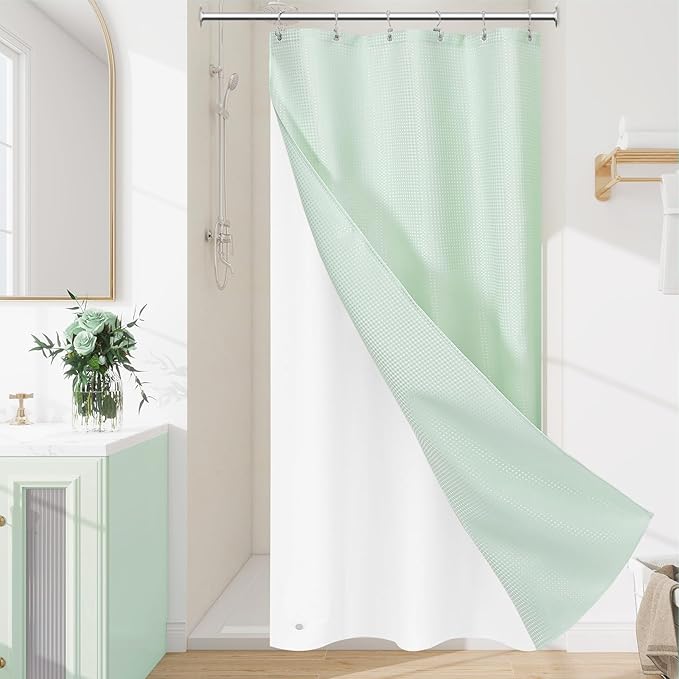 3 in 1 Stall Half Size Mint Green Shower Curtain Set-36 W x 72 H, Modern Waffle Waterproof Fabric and PEVA Liner Set with Stainless Steel Hooks