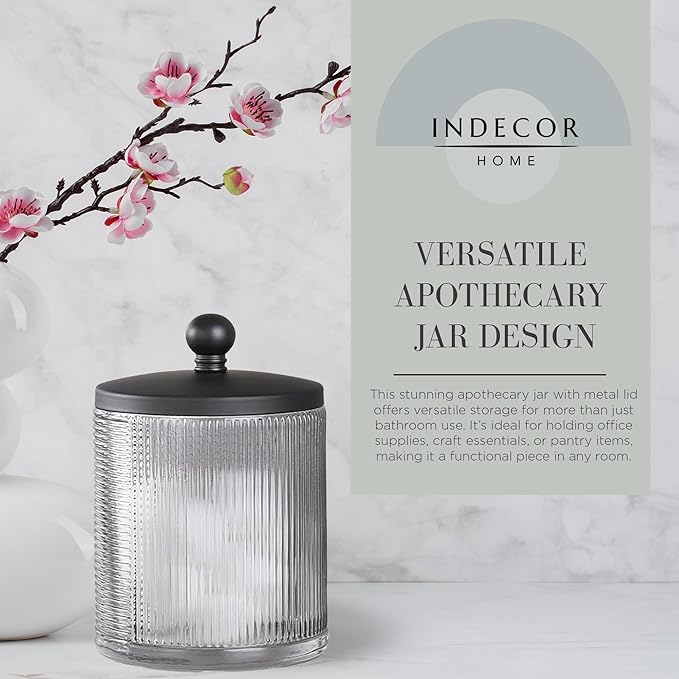Gray Colored Tranlucent Apothecary Ribbed Geo Etched Glass Jar W/Matte Black Metal Lid Cover for Bathroom Organization, Cotton Balls, Q Tips, and Small Accessories, Bathroom Storage