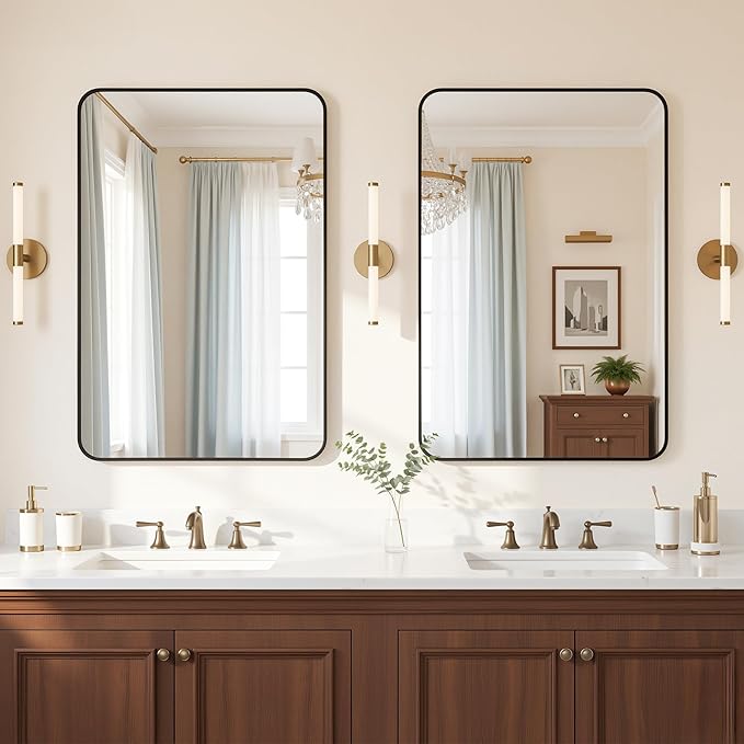 Antok 2-Pack Bathroom Mirrors, 24"x36" Double Wall Mirrors, Decorative Mirror Vanity Mirror Aluminum Alloy Frame Contemporary Hanging for Living Room Bathroom Entryway, Black