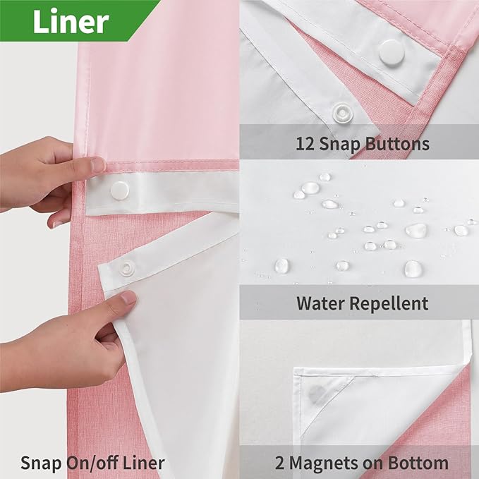 Long No Hooks Needed Linen Textured Shower Curtain with Snap-in Fabric Liner Set,Hotel Luxury Decor Shower Curtains for Bathroom,Waterproof & Washable,71Wx80H,Pink