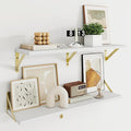 Deep Floating Shelves for Wall, 24W x 8D Wall Mounted Shelves Set of 2, Wide Display Ledge Shelf with Sturdy Metal Brackets for Living Room, Bathroom, Bedroom and Kitchen, White with Gold Brackets