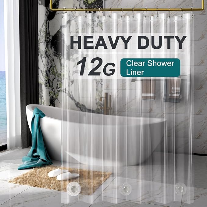 AmazerBath Heavy Duty Shower Curtain Liner 12 Gauge, 72 x 84 Inches Clear Shower Curtain Liner with 3 Clear Stones and 12 Grommet Holes, Weighted Plastic Shower Liner