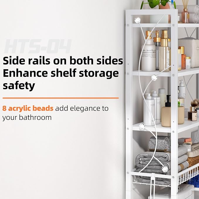 Over-The-Toilet Storage Rack, 4-Tier Bathroom Organizer Shelf Over Toilet with Adjustable Shelf and Basket, Freestanding Space Saver Bathroom Shelves Above Toilet for Room (Pure White)