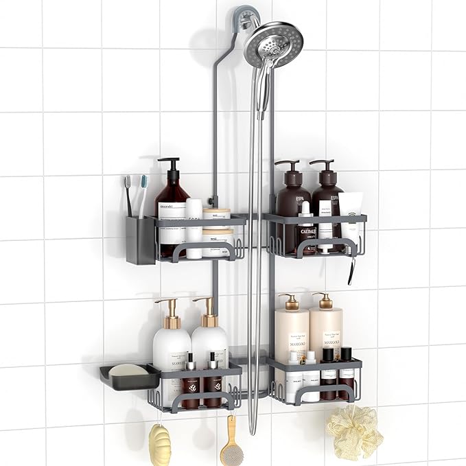 REINHARDT Adjustable Shower Caddy Hanging Split Shower Caddy for Handheld Showerheads, Rustproof Shower Organizer with Hooks for Razors Over the Head Caddy with Soap Holder Bathroom Accessories, Grey