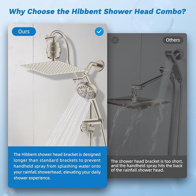 Hibbent Dual Filter All Metal 10"Rainfall Showerhead Combo, High Pressure Filter Shower Head with 10-Spray Mode Handheld, 4-way Diverter with Pause Mode, 71'' Shower Hose and Holder, Brushed Nickel