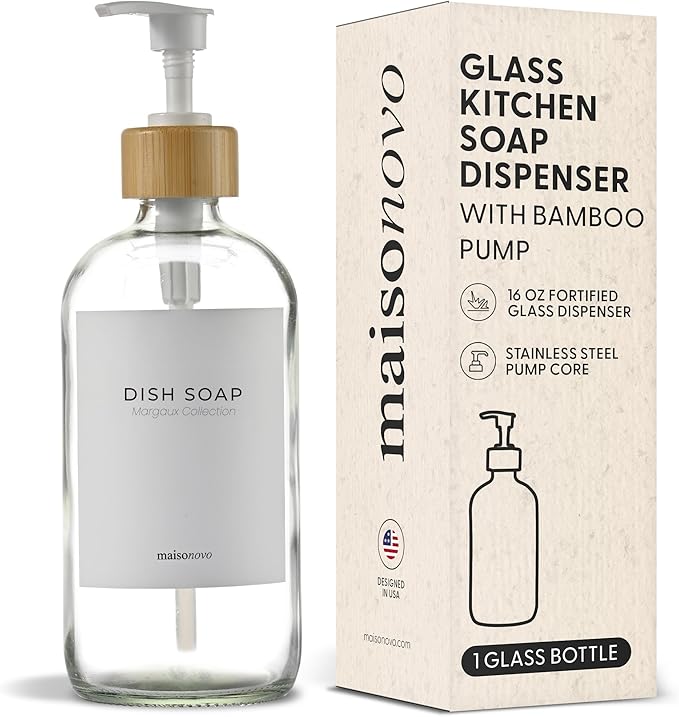 MaisoNovo Glass Hand Soap Dispenser | Dish Soap Dispenser for Kitchen | 16.9oz Clear Bottles with White Bamboo Pump | Bathroom Lotion Dispenser