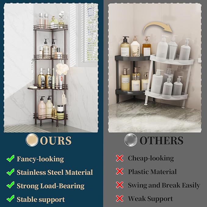 Consumest Corner Shower Caddy Standing - 4-Tier Stainless Steel Shower Organizer with Soap Holder and 4 Hooks, Large Capacity Corner Shelf Stand for Bathroom, Rest Room, Bronze