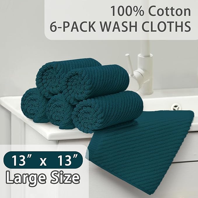 Face Towels for Bathroom, 6PC 13"x13" - 100% Cotton | Light Weight | Thick | Quick Dry | Soft | Absorbent, Fluffy Bathroom Hand Towels, Wash Cloths for Showering, Towel Gift Set, Deep Turquoise
