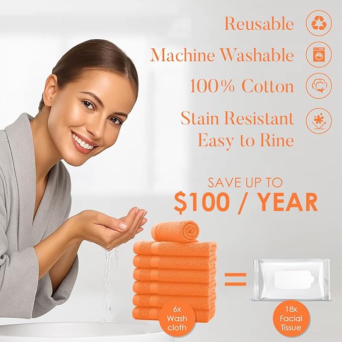 DAN RIVER 12-Pack Premium 100% Cotton Orange Face Towels – Reusable Face Towel Set, Soft & Absorbent Luxury WashCloths for Bathroom & Body – Hand and Face Towels, 550 GSM (12x12 in)