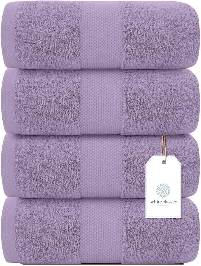 White Classic Luxury Bath Towels Set of 4 Large - 700 GSM Cotton Ultra Soft Bath Towels 27x54 | Highly Absorbent and Quick Dry | Hotel Towels for Bathroom Luxury, Plush Shower Towels, Lavender