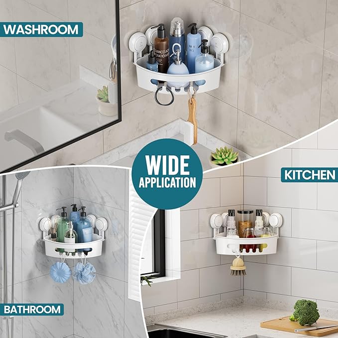 TAILI Corner Shower Caddy with Suction Cups, Wall Mounted Organizer Plastic Rack for Small Bathrooms, Kitchen, Removable Drill-Free Heavy Duty Shelf Basket, White