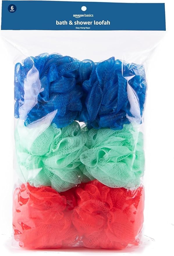 Amazon Basics Bath and Shower Loofah, Multicolor, Pack of 6