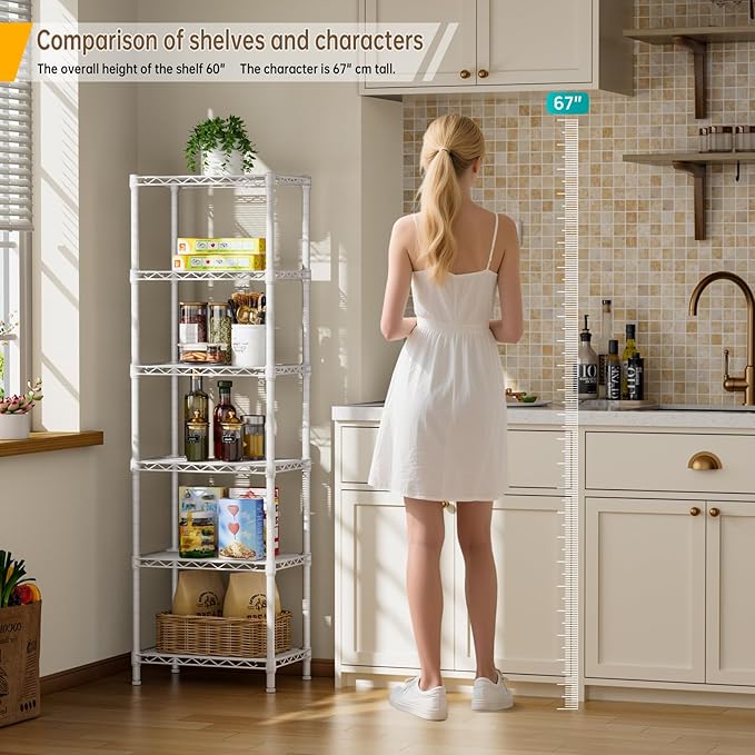 Small 6 tire Shelves Storage Wire Shelving Unit Metal Shelf Adjustable Organizers Storage Shelving for Bathroom Laundry Room Kitchen Pantry10”D x 16”W x 60”H White