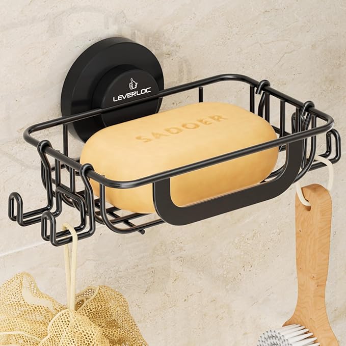 LEVERLOC Soap Holder Dish with Hooks for Shower, Bar Suction Cup Soap Tray Wall Mounted, Rustproof Stainless Steel Sponge Holder Caddy for Bathroom Bathtub Kitchen Sink, Black