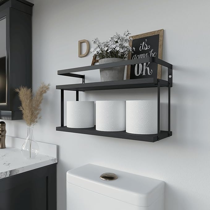 RICHER HOUSE Dual-Level Guardrail Floating Shelves, Rustic Wood Bathroom Shelf Wall Mounted, Over Toilet Paper Storage Shelves for Wall Decor, Bathroom Organizers - Black