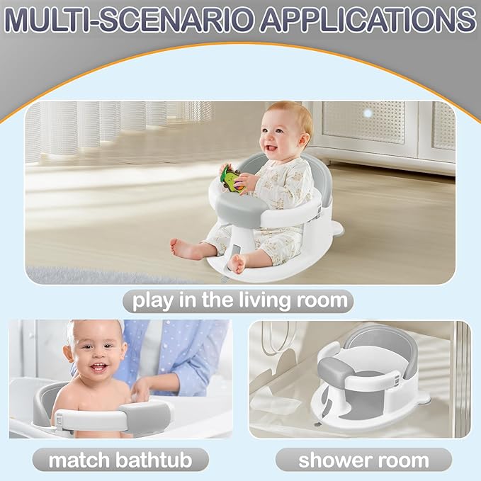 Baby Bath Seat for Babies 6 Months & Up, Toddler Bath Seats for Babies Sitting Up, Non-Slip Infant Bath Tub Chair with Suction Cups & Soft Cushion for Shower, Compact Toddler Bathtub Seat, Grey