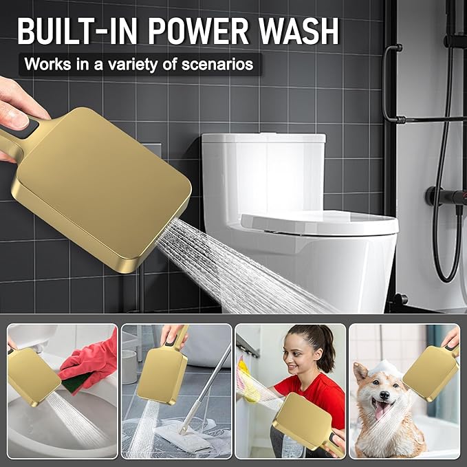 Iriber Thermostatic Shower System Wall Mount with Adjustable Water Flow Push Button Diverter,13 Inch Gold Rectangle Rainfall Shower Head and Handheld,Brushed Gold