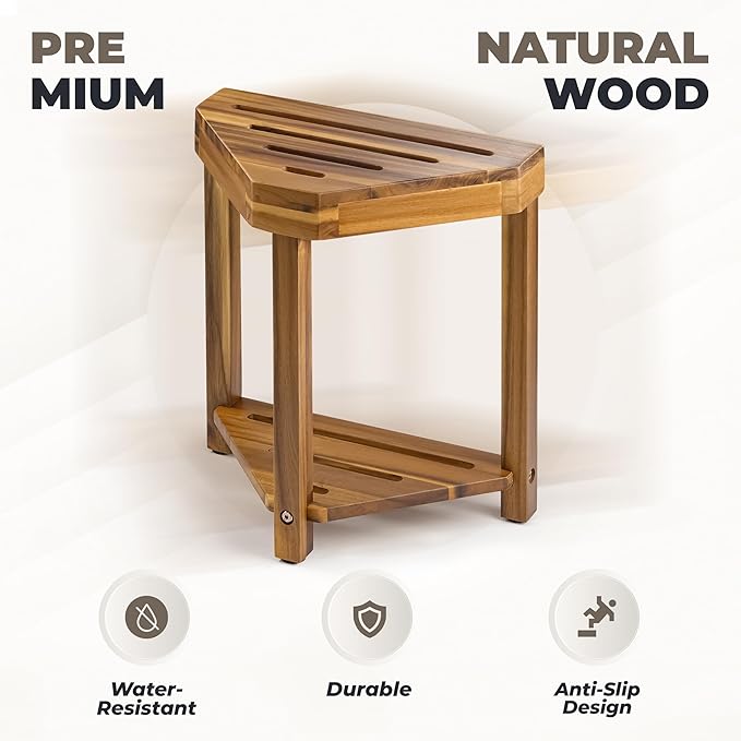 BLUEWEST 16.4" Shower Foot Rest, Corner Shower Stool, Wooden Shower Foot Stool for Shaving Legs Inside Shower, Waterproof Shower Foot Rest with Storage Shelf for Small Shower Space, Shower Seats