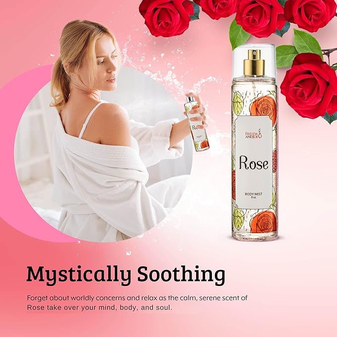 Freida and Joe Rose Elegance Fine Fragrance Body Mist Spray Capturing Timeless Allure of Blooming Roses, 8 oz Spray Bottle Ideal for Gifting, Stocking Stuffer