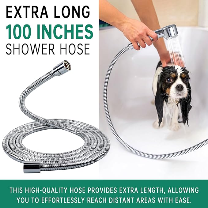 3 Mode Dog Shower Attachment, High Pressure Handheld Sprayer with ON/OFF Switch, G1/2" Metal Shower Diverter, 100 Inches Stainless Steel Hose, No Drill Hook, for Indoor Pet Bathing and Washing
