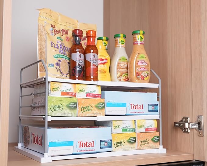 EVERIE Extendable 3-Tier Holder for Heavy Items, Jars, Bottles, Cans, Plastic Bags, Wrap, Foil, Snack and Box for Kitchen,Counter, Cabinets, 11'' to 16.7'' Wide (11“ - 16.7” Wide, Piece, 2)