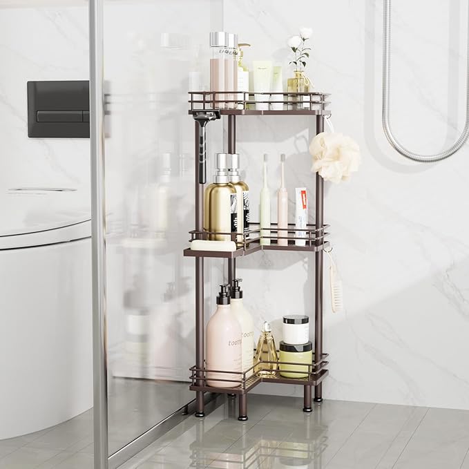 Consumest Corner Shower Caddy Standing - 3-Tier Stainless Steel Shower Organizer with Soap Holder and 4 Hooks, Large Capacity Corner Shelf Stand for Bathroom, Rest Room, Bronze