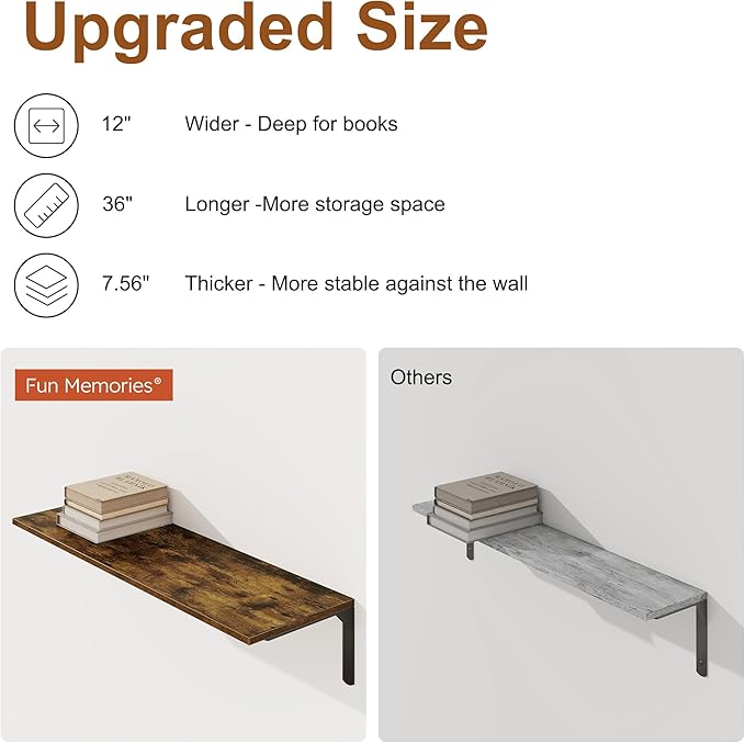 36 Inch Floating Shelves Wall Mounted, 12 Inch Deep Wall Shelves with Visible Brackets, Deep Bookshelf for Home, Rustic Bathroom Shelf, Deep Shelves for Plant, Books, Rustic Brown, Set of 2