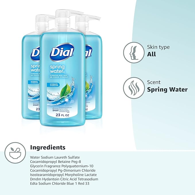 Dial Body Wash, Refresh & Renew Spring Water, 23 Fl Oz (Pack of 3), Hydraclean Complex & Vitamin E, Gentle, Leaves Skin Feeling Nourished, Dermatologist-Tested, No Parabens & Sulfates