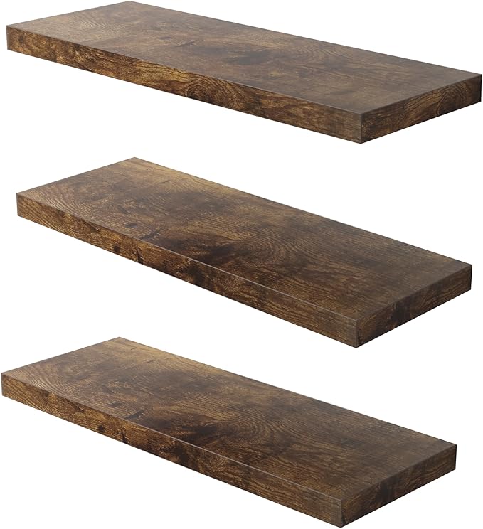 Floating Shelf, Set of 3 Wall Shelf, 36 in W x 12.75 in D x 2 in H Wooden Floating Wall Shelf with Invisible Brackets for Living Room/Bedroom/Bathroom/Kitchen Storage and Decor, Rustic Brown