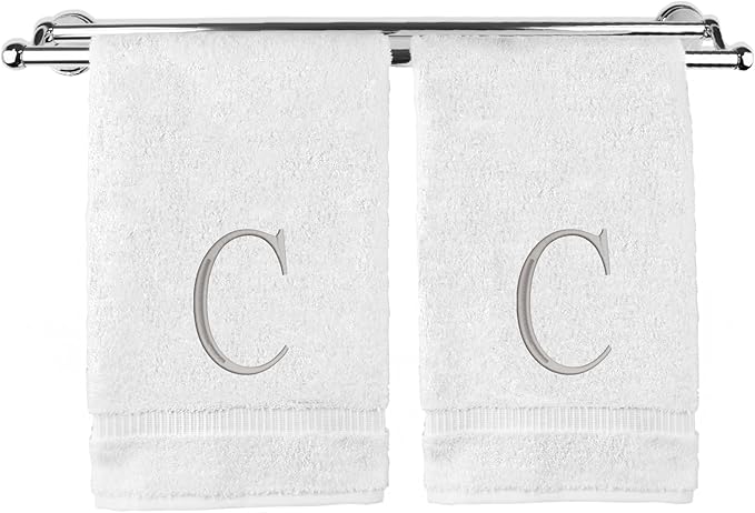 Monogrammed Hand Towel, Personalized Initial Gift, Extra Absorbent 100% Turkish Cotton - Soft Terry Finish - Set of 2 - Silver Block Initial C - Embroidered on White Towels
