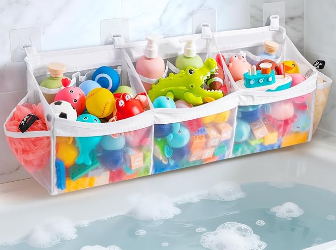 Criusia Extra Large Bath Toy Organizer with 3 Compartments and Multiple Pockets, Quick-Dry Mesh Bathtub Storage for Kids' Toys